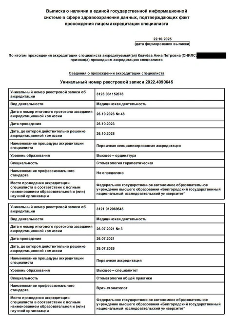 Квачёва Анна Петровна — выписка об аккредитации 1